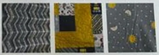 Three blanket fabrics: a chevron fleece, a patchwork quilt and a moon-and-stars print